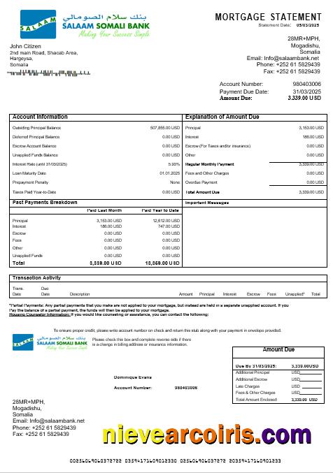 Somali Salaam Somali bank mortgage statement